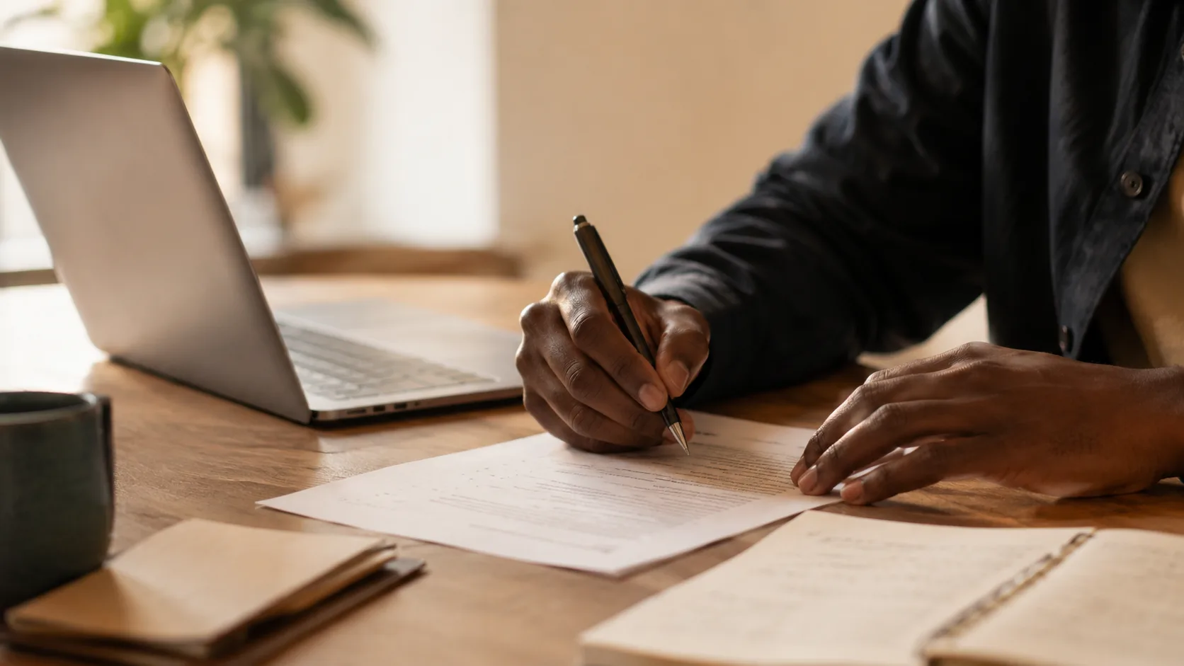 Hands reviewing notes beside a laptop during a hiring conversation